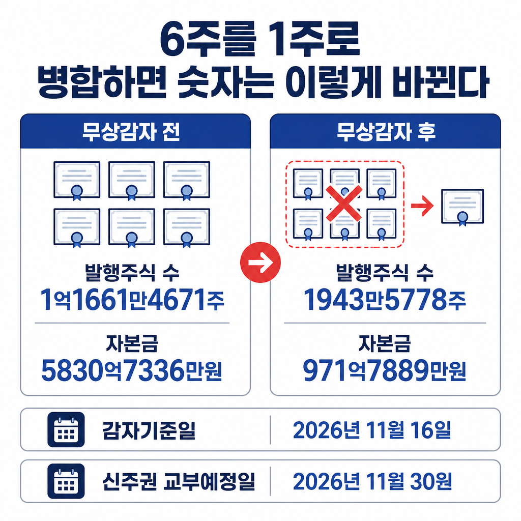 보통주 6주를 1주로 병합하는 무상감자 전후의 발행주식 수와 자본금, 주요 일정을 비교한 인포그래픽