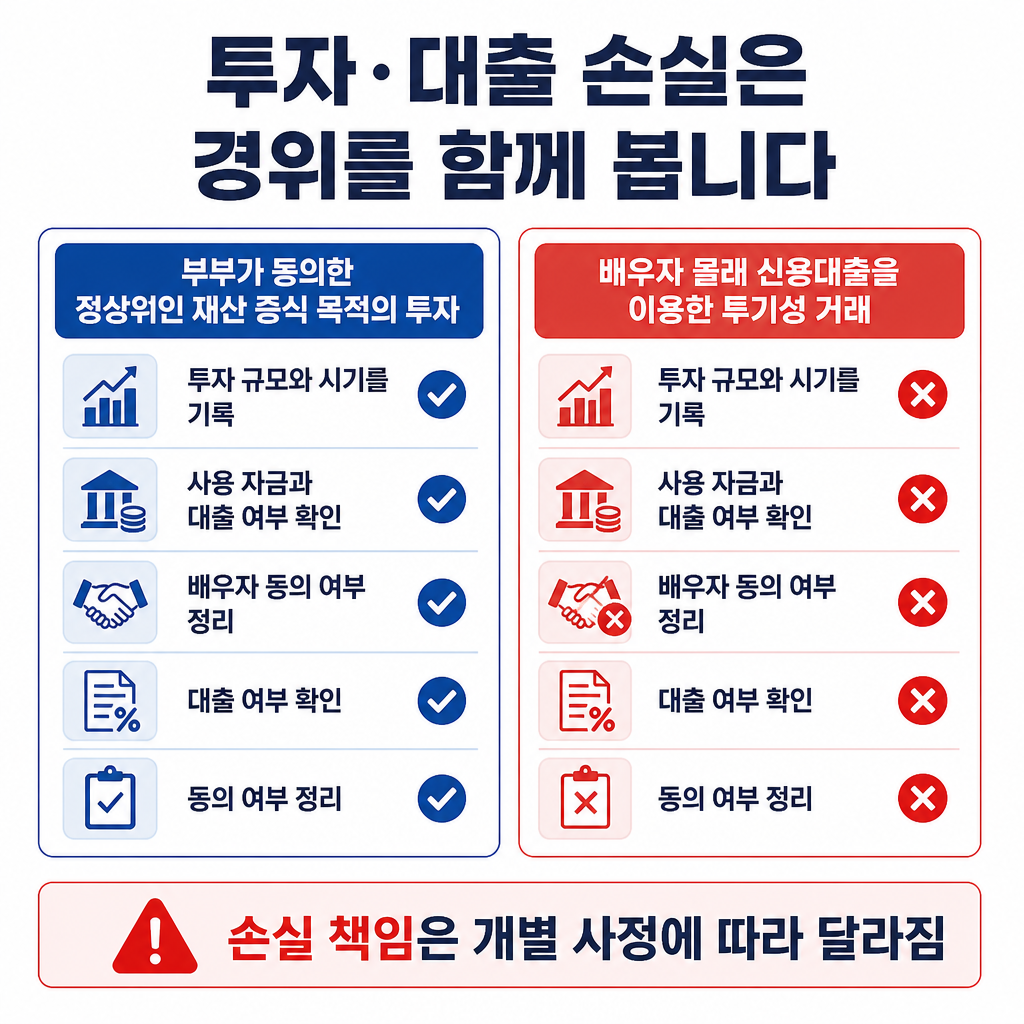 동의한 정상적 투자와 배우자 몰래 대출을 이용한 투기성 거래를 투자 조건과 자금 흐름으로 비교한 표