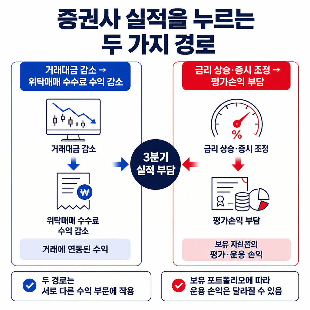 거래대금 감소는 위탁매매 수수료를, 금리 상승과 증시 조정은 채권·금융자산 평가손익과 운용 손익을 압박하는 두 경로 비교
