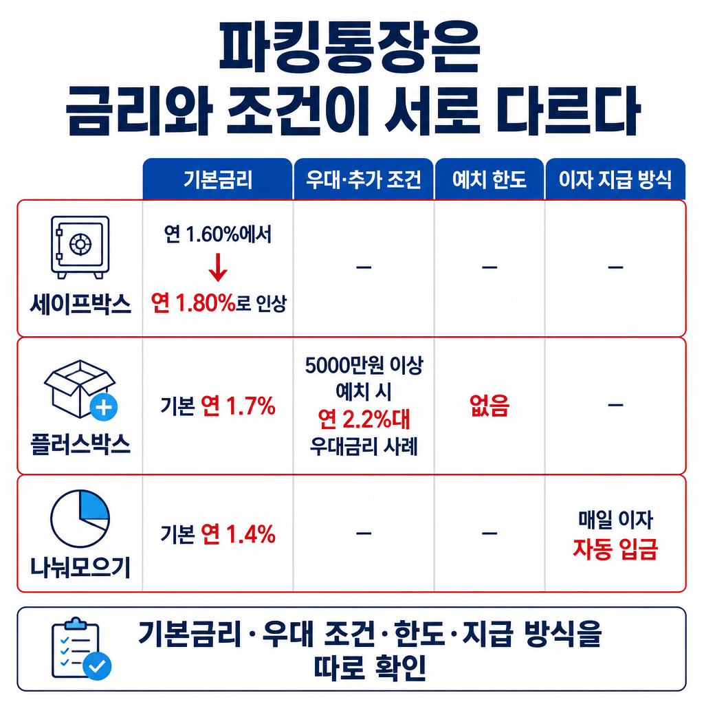 카카오뱅크 세이프박스, 케이뱅크 플러스박스, 토스뱅크 나눠모으기의 금리와 조건을 비교한 표