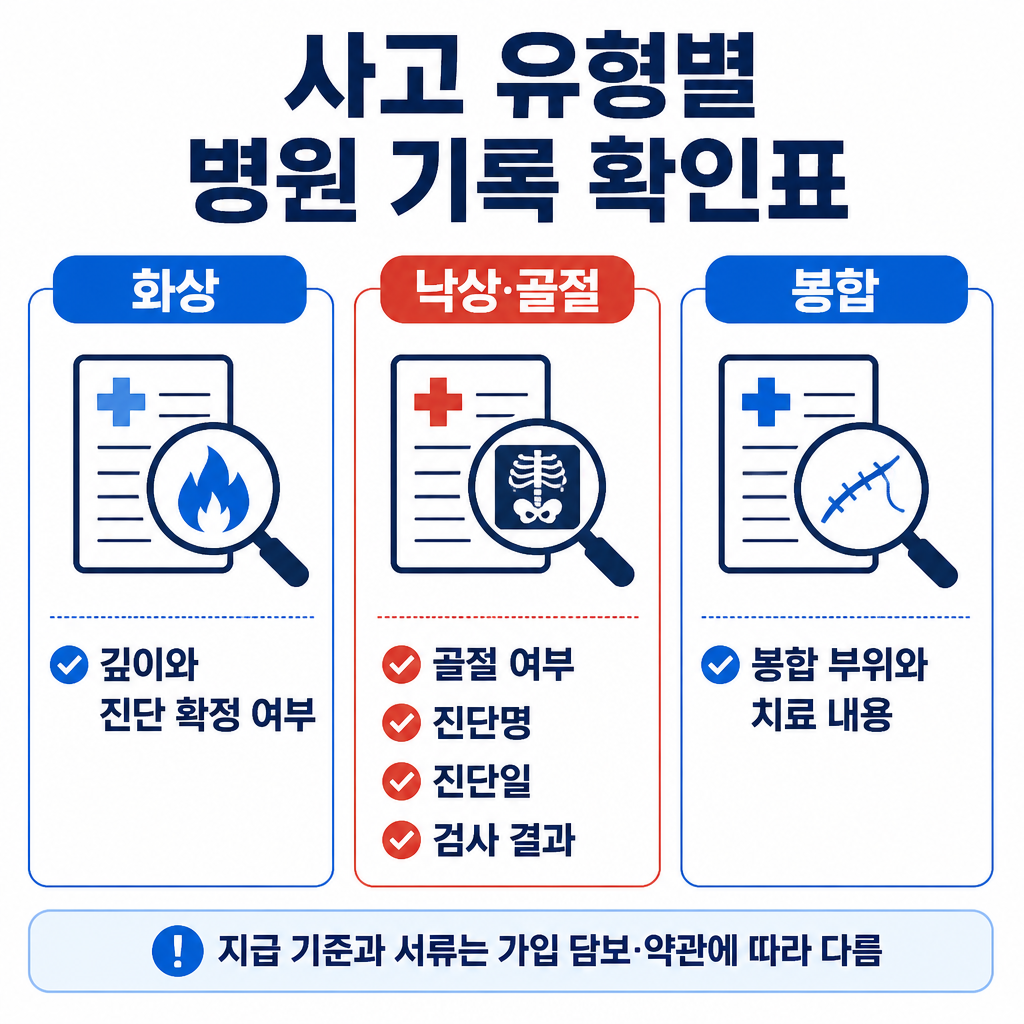 화상, 낙상·골절, 상처 봉합 사고별로 병원 기록에서 먼저 확인할 항목을 비교한 인포그래픽
