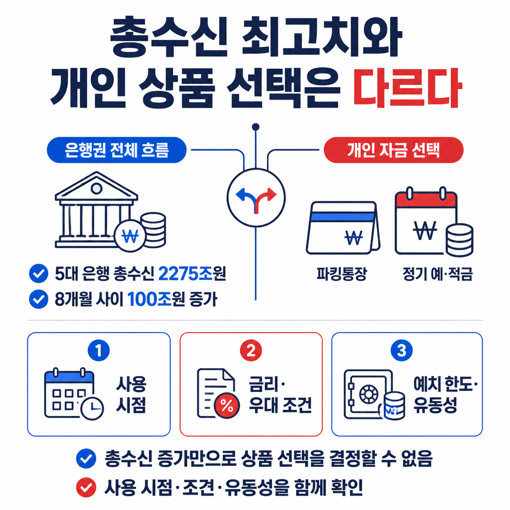 은행 총수신 증가와 개인의 예적금·파킹통장 선택은 다른 기준으로 판단해야 함을 보여주는 요약 인포그래픽