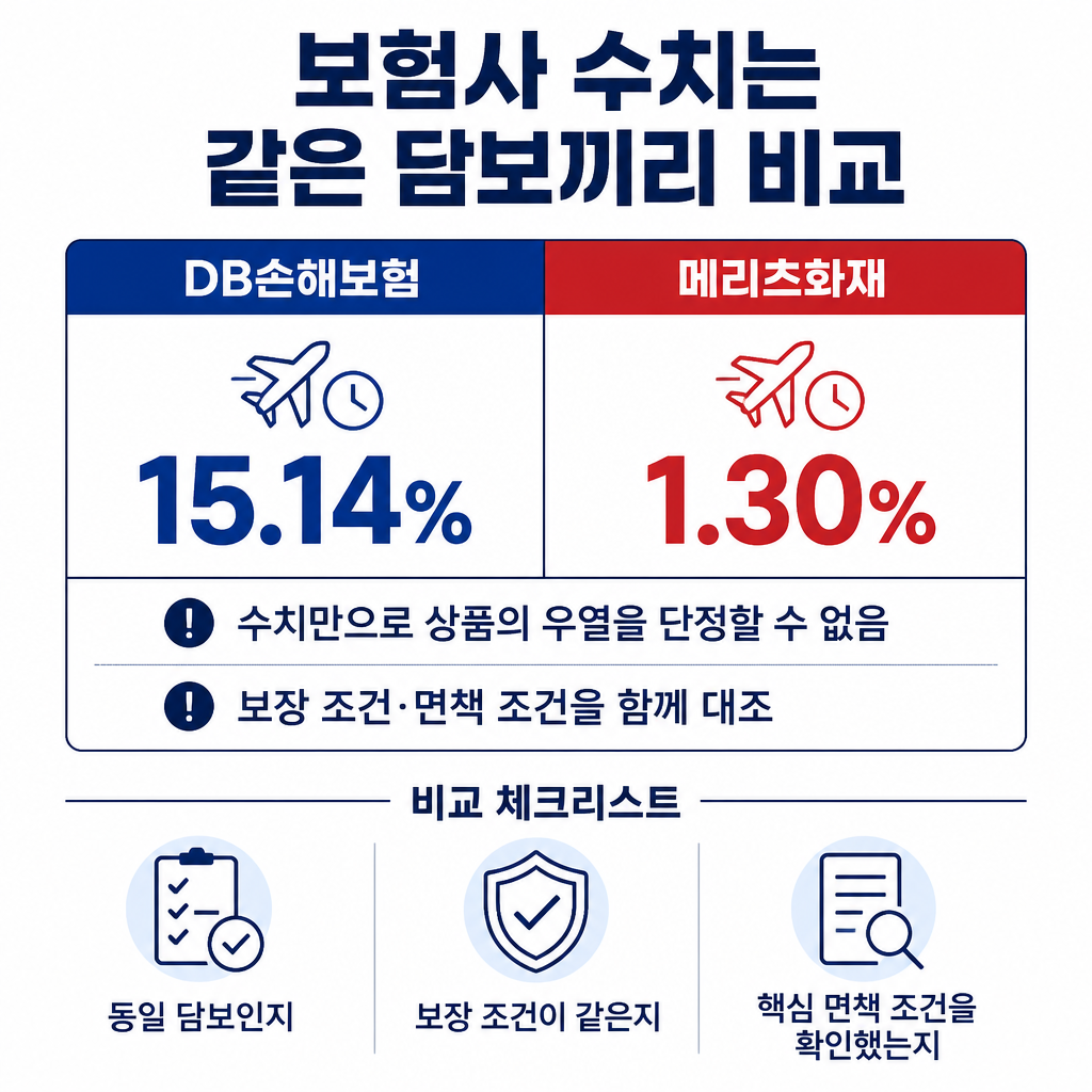 동일한 항공기 지연·결항 담보에서 DB손해보험과 메리츠화재의 2025년 부지급률을 비교하고 함께 확인할 기준을 보여주는 표