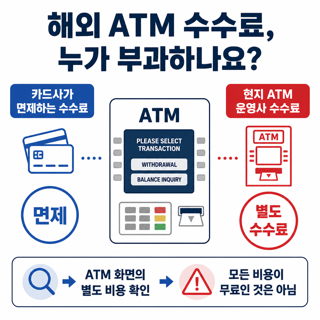 해외 ATM 수수료를 국내 카드사 면제분과 현지 ATM 운영사 수수료로 나누어 확인하는 비교 인포그래픽