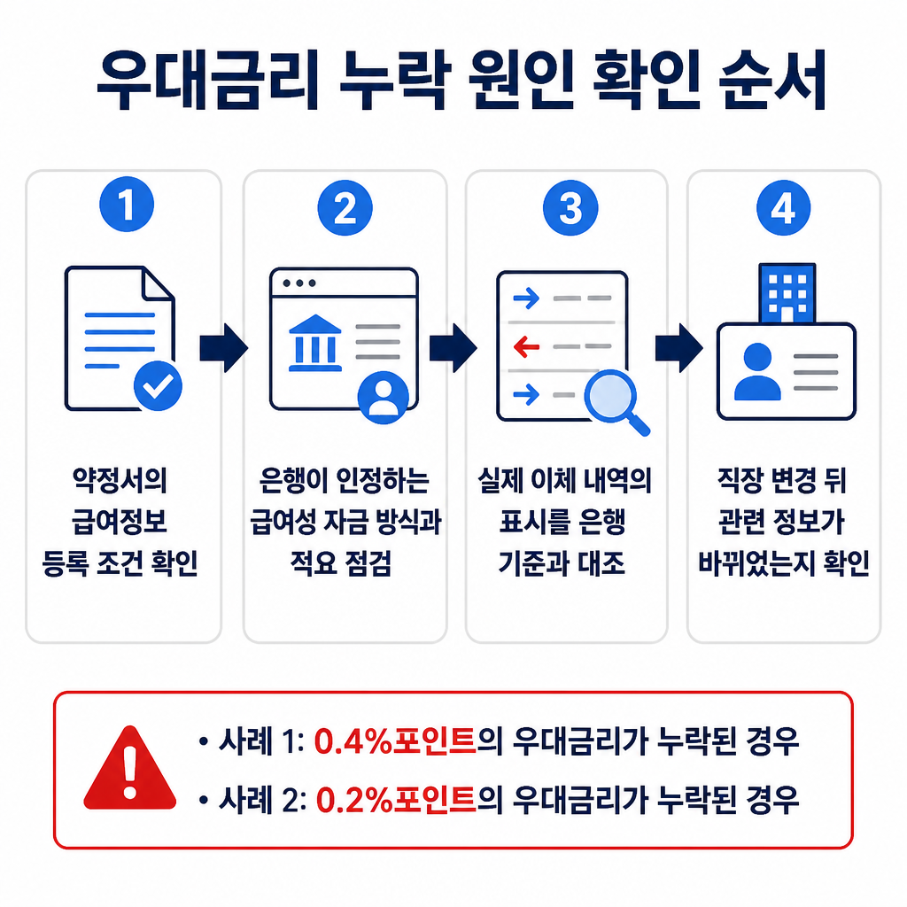 약정서와 은행 등록 정보, 이체 내역, 직장 변경 여부를 차례로 확인하는 급여이체 우대금리 점검 순서도