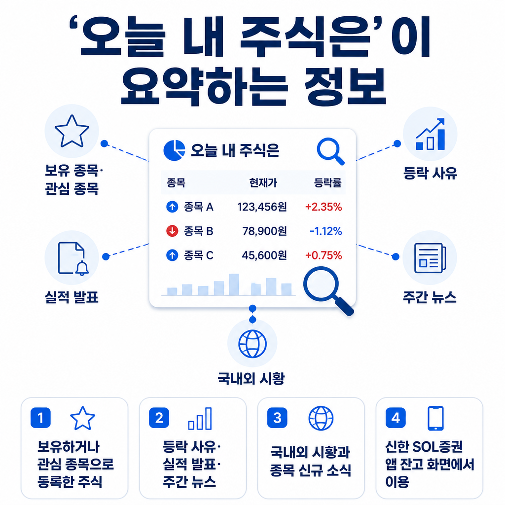 신한 SOL증권 앱의 ‘오늘 내 주식은’ 서비스가 보유·관심 종목의 등락 사유와 실적 발표, 주간 뉴스 등을 요약하는 구조를 보여주는 인포그래픽