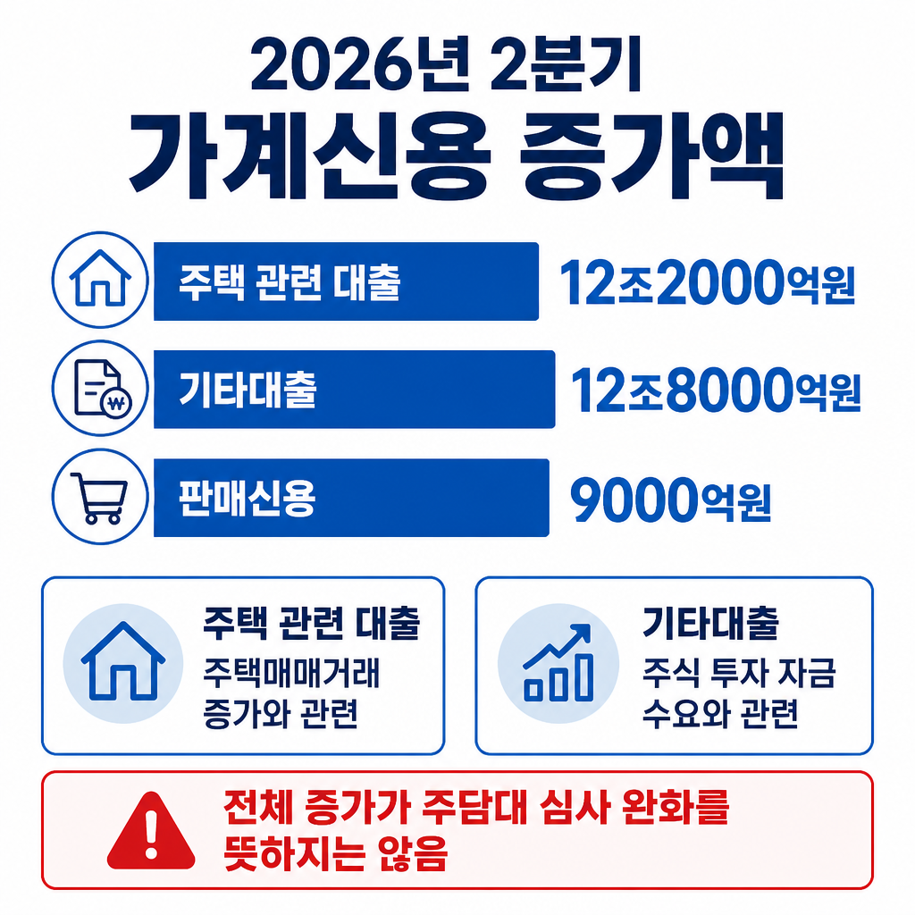 2026년 2분기 가계신용 증가액을 주택 관련 대출, 기타대출, 판매신용으로 나누어 비교한 인포그래픽