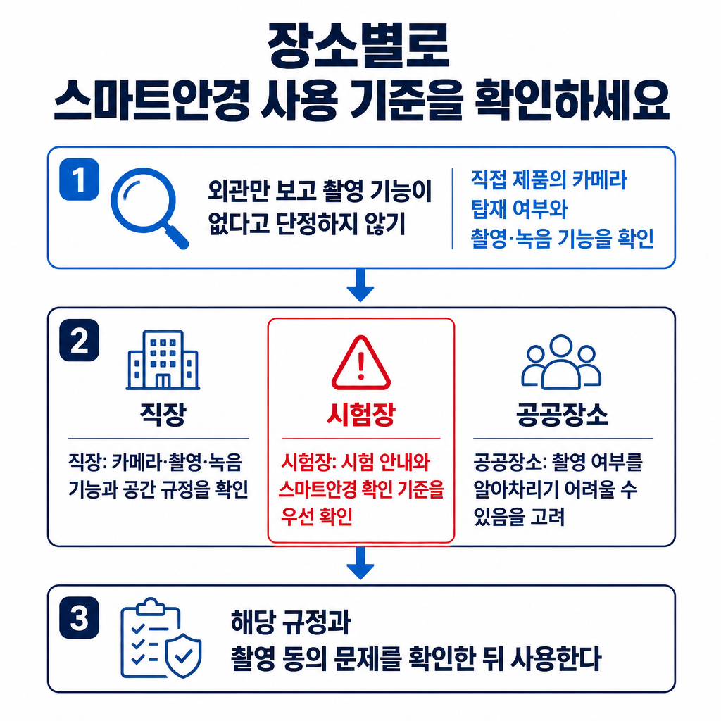 스마트안경 사용 전 제품의 카메라와 음성 기능을 확인하고 직장·시험장·공공장소별 규정을 살피는 판단 절차