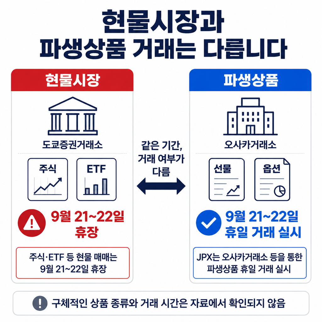2026년 9월 21일과 22일 일본 시장에서 주식·ETF 현물은 휴장하지만 JPX 파생상품 휴일 거래는 실시되는 차이를 비교한 인포그래픽