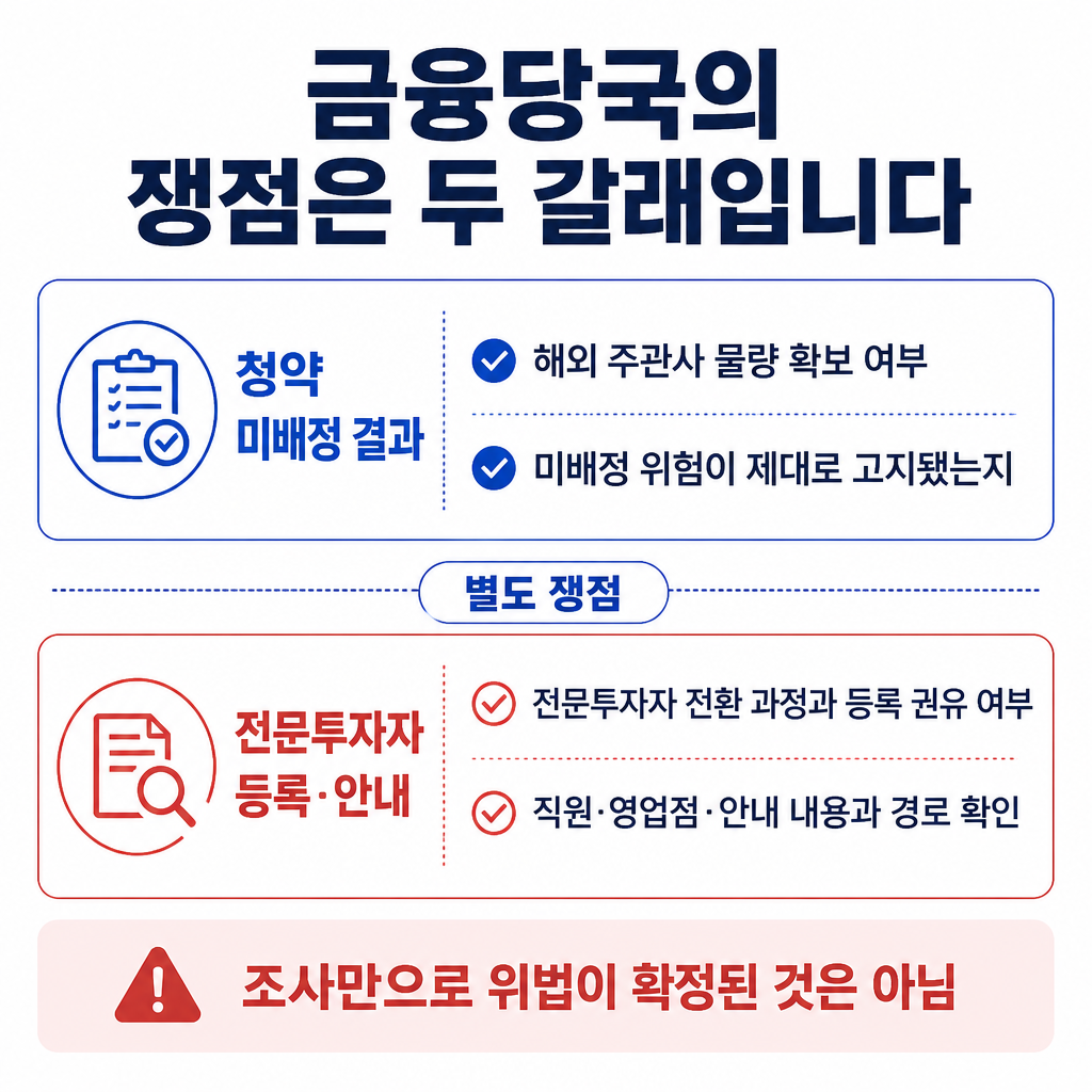 금융당국이 스페이스X 청약 미배정 위험 고지와 개인전문투자자 등록 권유·안내 과정을 별도 쟁점으로 살펴보는 구조를 나타낸 인포그래픽