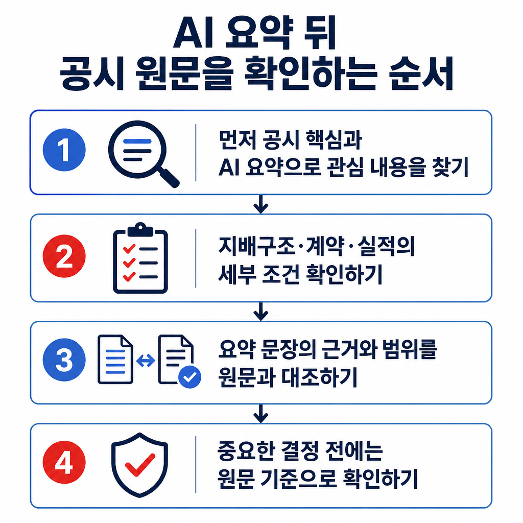 AI 공시 요약으로 관심 내용을 찾은 뒤 중요한 조건과 수치를 공시 원문에서 대조하는 3단계 확인 절차