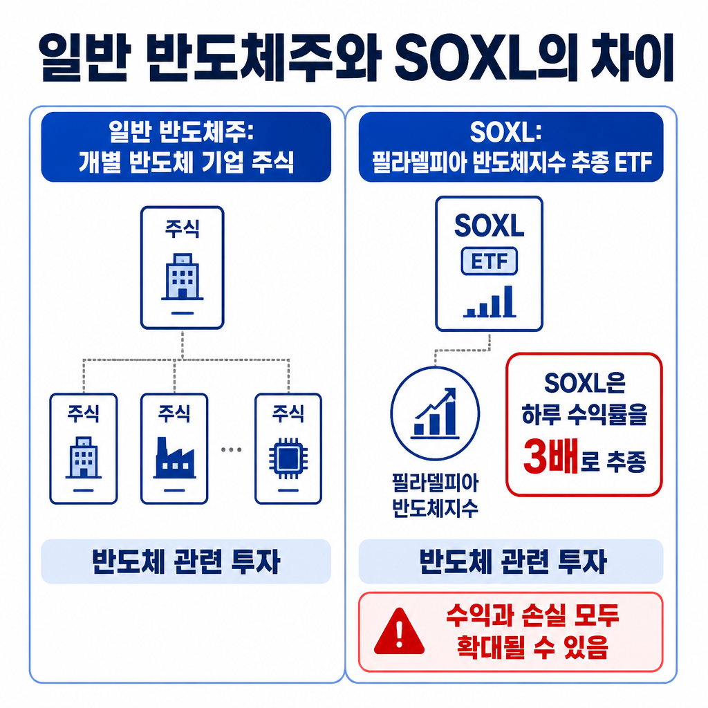 일반 반도체주 여러 종목과 필라델피아 반도체지수의 하루 수익률 3배를 추종하는 SOXL의 상품 구조 차이를 비교한 이미지