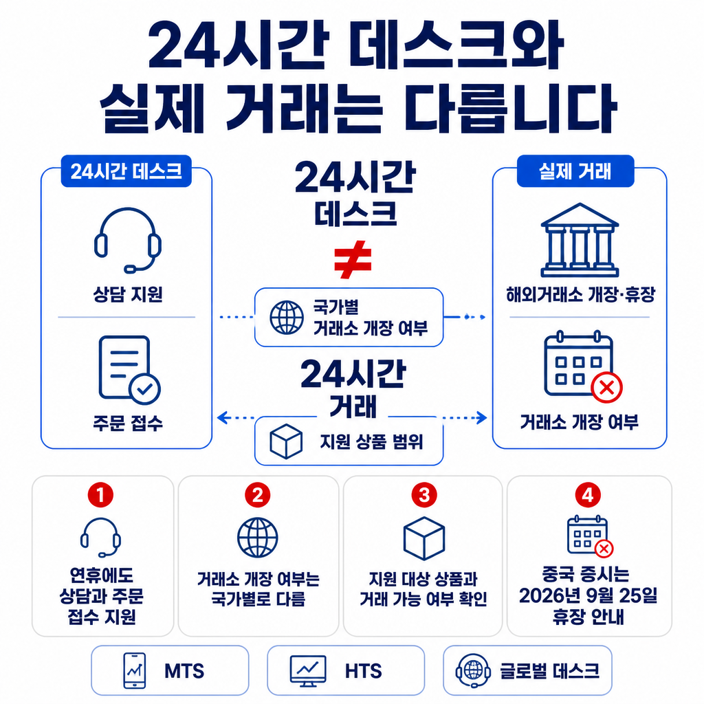 추석 연휴 신한투자증권 글로벌데스크의 24시간 운영과 실제 거래 가능 여부가 다르며, 국가별 거래소와 상품 범위를 확인해야 한다는 핵심을 정리한 인포그래픽입니다.