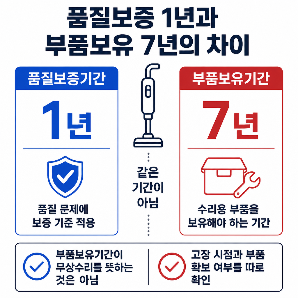 전기청소기의 품질보증기간 1년과 부품보유기간 7년이 서로 다른 기준임을 비교해 보여주는 인포그래픽