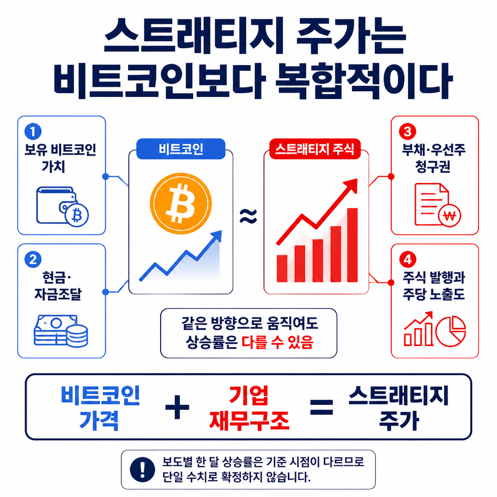 스트래티지 주가가 비트코인 가격뿐 아니라 보유자산, 현금, 자금조달, 부채와 희석 요인의 영향을 함께 받는 구조를 보여주는 요약 인포그래픽