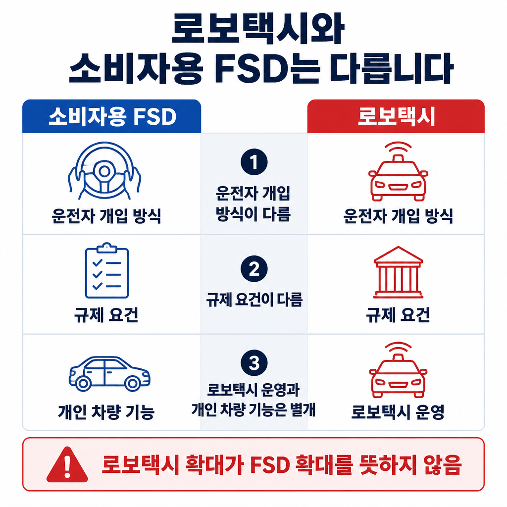 소비자용 FSD와 로보택시는 운전자 개입 방식과 규제 요건이 달라 같은 의미로 볼 수 없다는 비교표