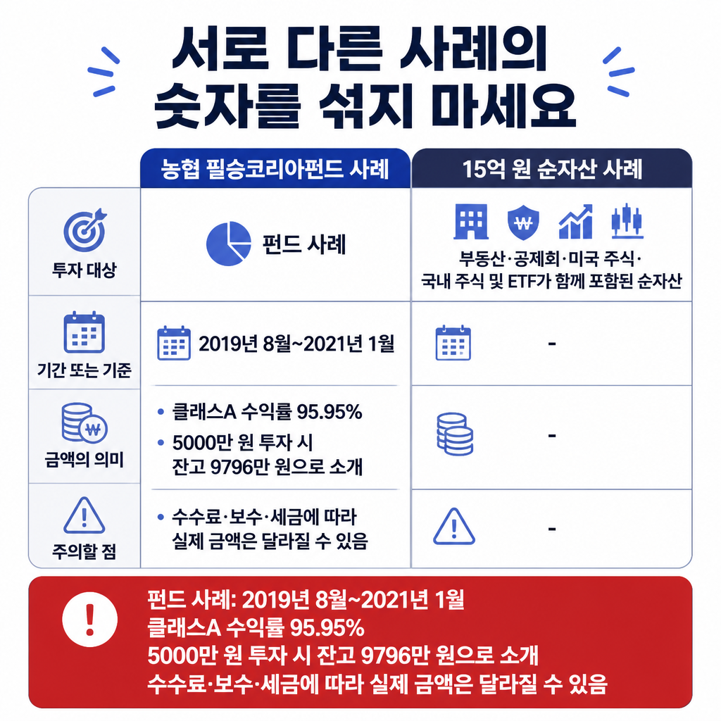 특정 기간 펀드 수익률 사례와 여러 자산이 포함된 약 15억 원 순자산 사례를 투자 대상과 숫자의 의미별로 비교한 표