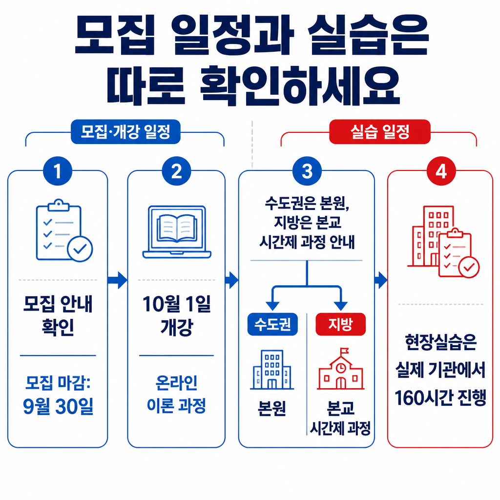 사회복지사 2급 모집 및 개강 일정과 거주 지역별 현장실습 경로, 160시간 실습을 순서대로 보여주는 흐름도