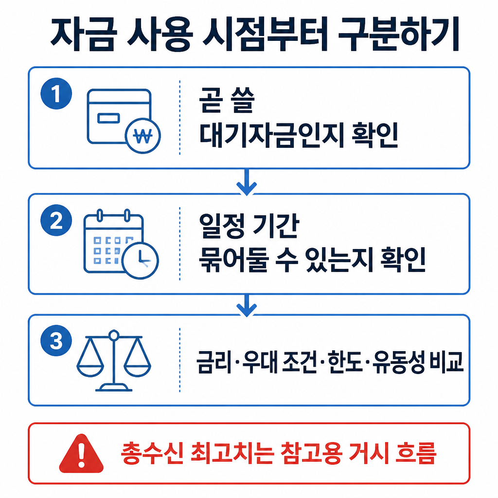 자금 사용 시점을 먼저 구분한 뒤 금리와 조건을 비교하는 예적금·파킹통장 선택 순서도