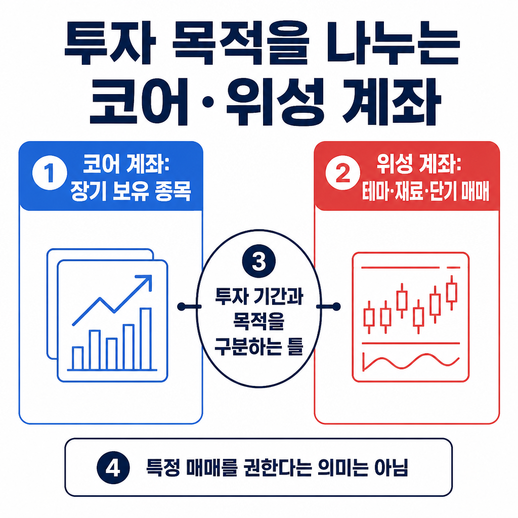 장기 보유 목적의 코어 계좌와 테마·재료·단기 매매 목적의 위성 계좌를 구분해 보여주는 구조도