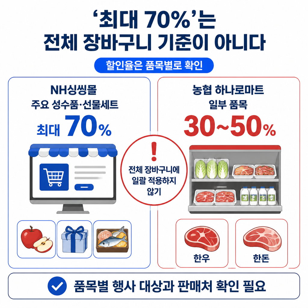 NH싱씽몰의 최대 70% 할인과 농협 하나로마트 일부 품목의 30~50% 할인을 비교해, 전체 장바구니에 같은 할인율을 적용하면 안 된다는 점을 보여주는 인포그래픽