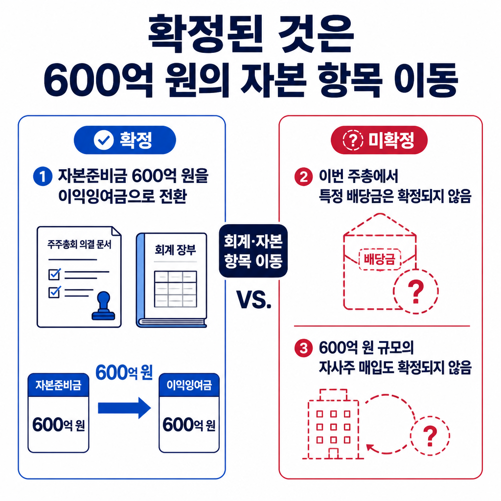 한화M&S 주총에서 확정된 600억 원은 자본준비금에서 이익잉여금으로 이동한 금액이며, 배당이나 자사주 매입 확정액은 아님을 비교해 보여주는 인포그래픽