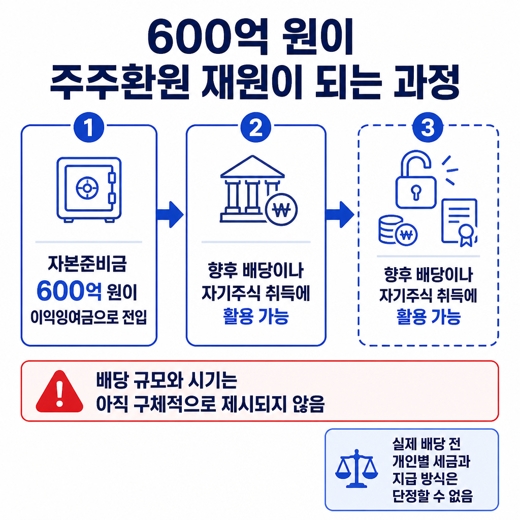 자본준비금 600억 원이 이익잉여금으로 전입된 뒤 향후 배당이나 자기주식 취득 재원으로 활용될 수 있지만 아직 확정되지 않은 흐름을 보여주는 순서도