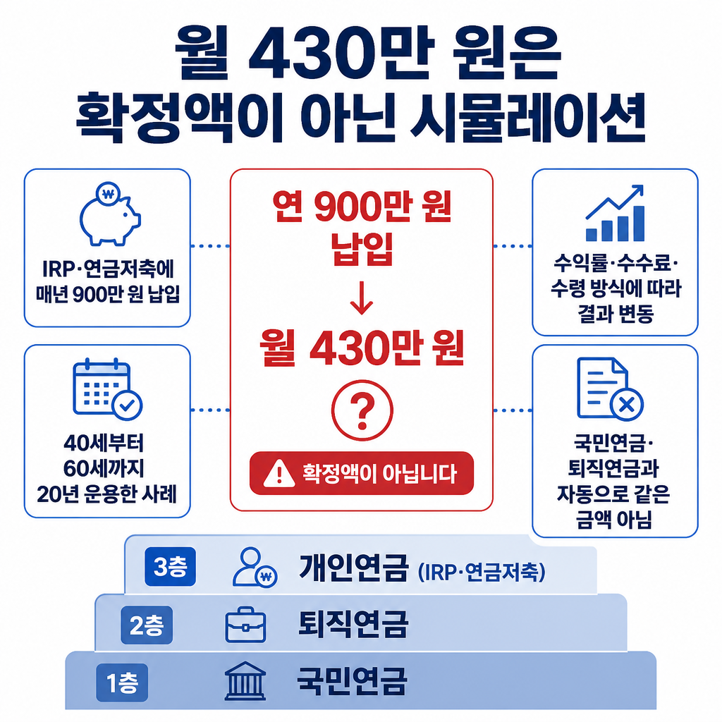 연 900만 원 납입으로 월 430만 원을 받는 계산이 확정액이 아니라 IRP·연금저축, 20년 운용, 수익률과 수령 조건에 따른 시뮬레이션임을 보여주는 요약 이미지