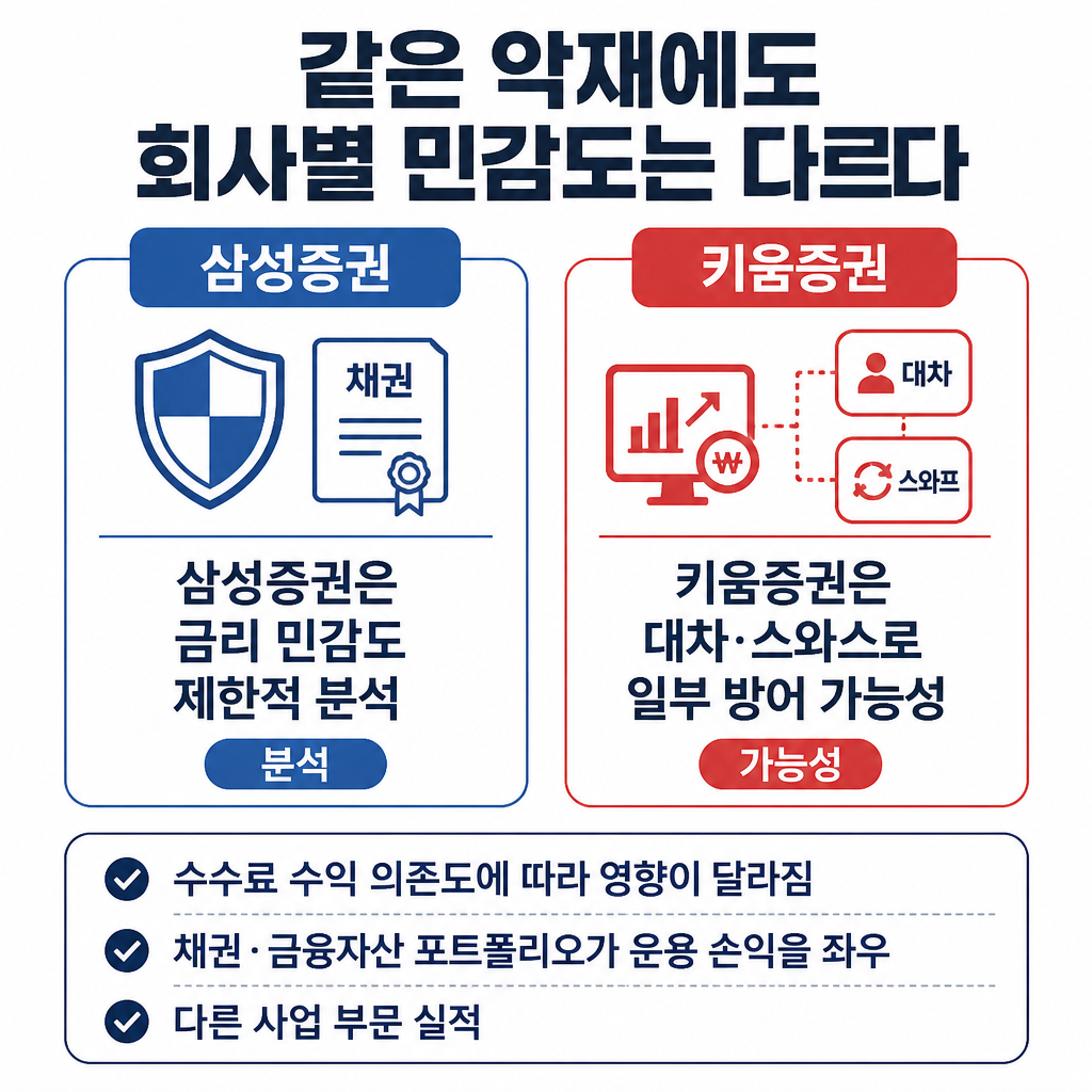 삼성증권과 키움증권의 사례를 통해 수수료 의존도와 포트폴리오에 따라 시장 악재 민감도가 달라질 수 있음을 비교한 카드