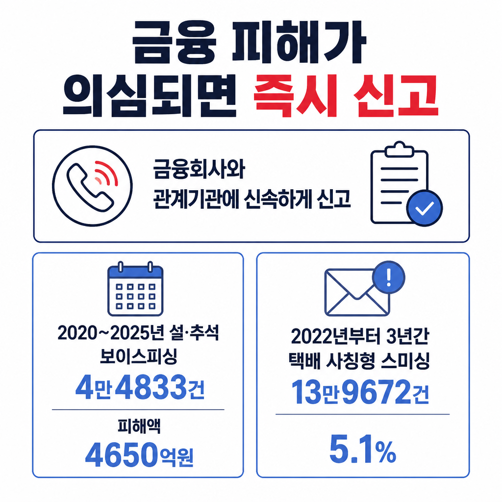 금융정보 유출이나 금전 피해가 의심될 때 금융회사와 관계기관에 신고해야 한다는 대응과 명절 기간 관련 피해 통계를 정리한 카드