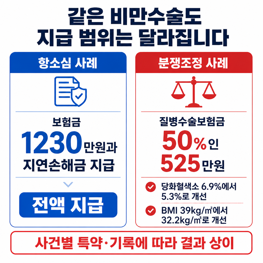 항소심의 전액 지급 사례와 금융감독원 분쟁조정의 일부 지급 사례를 금액과 치료 효과 수치로 비교한 이미지