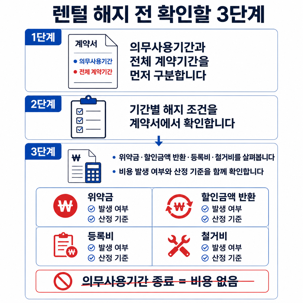 렌털 해지 전에 두 계약기간을 구분하고 기간별 조건과 위약금·할인금액 반환·등록비·철거비 및 산정 기준을 확인하는 순서도