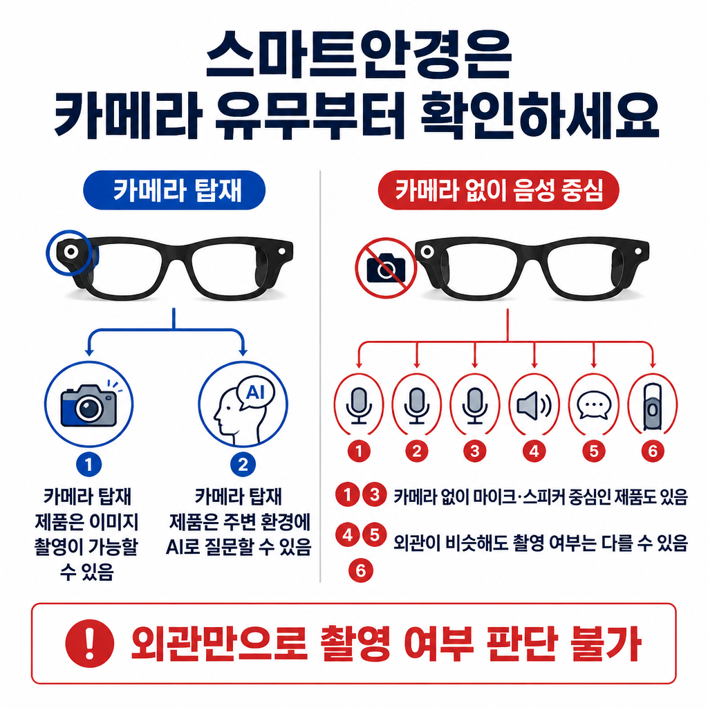 카메라를 탑재한 스마트안경과 카메라 없이 마이크·스피커 중심인 스마트안경의 기능 차이를 비교한 표