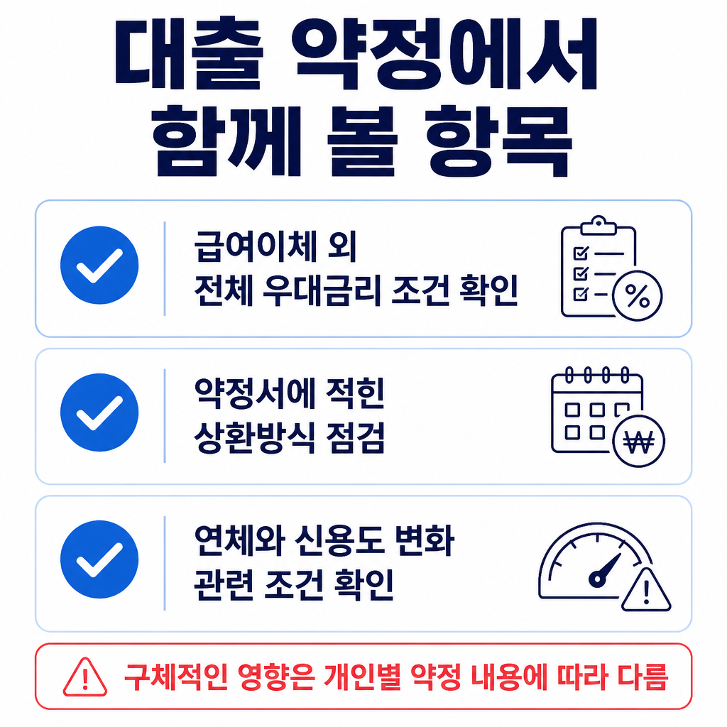 급여이체 외에도 전체 우대금리 조건, 상환방식, 연체와 신용도 변화 관련 약정 내용을 확인해야 함을 보여주는 안내 카드
