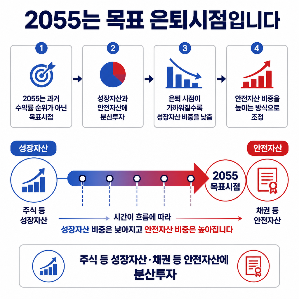 TDF가 2055년 목표시점에 가까워질수록 성장자산 비중을 낮추고 안전자산 비중을 높이는 자산배분 흐름을 보여주는 타임라인