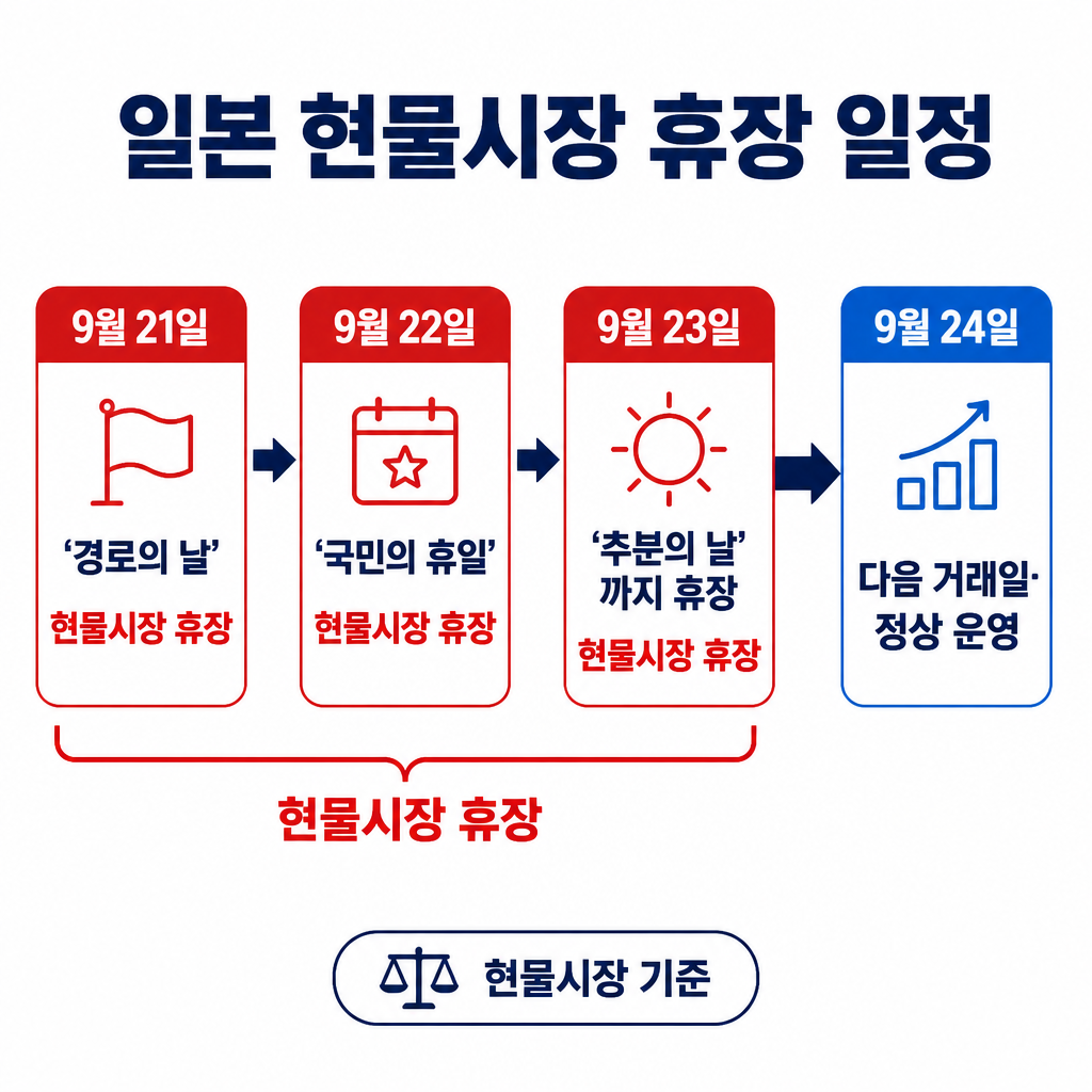 2026년 9월 21일부터 23일까지 일본 주식·ETF 현물시장이 휴장하고 9월 24일부터 정상 운영되는 일정을 보여주는 타임라인