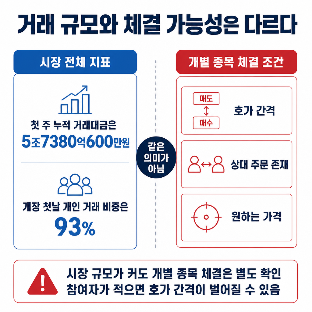 첫 주 애프터마켓 거래대금과 개인 비중은 개별 종목의 체결 가능성과 다르다는 점을 비교한 카드