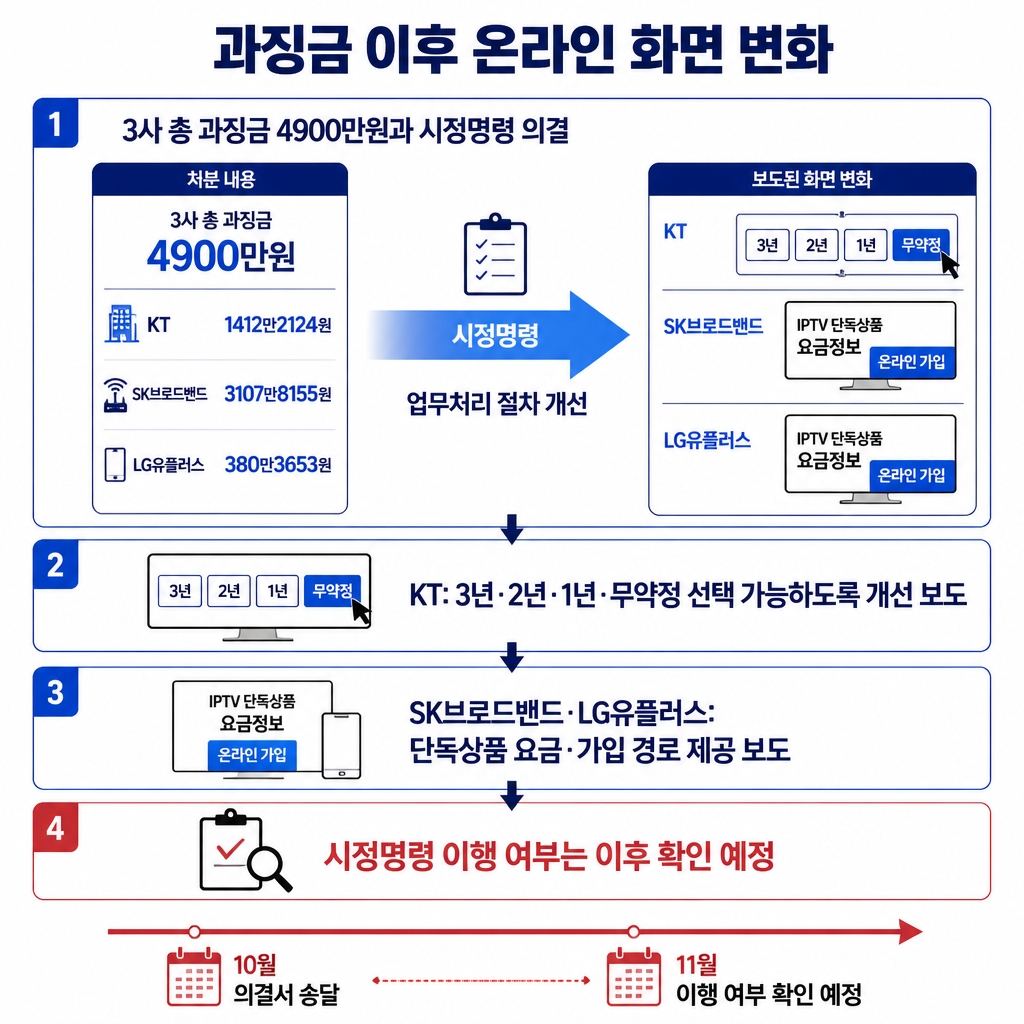 방미통위의 총 4900만원 과징금과 사업자별 온라인 화면 개선 내용, 10월 의결서 송달 및 11월 이행 여부 확인 예정 일정을 보여주는 흐름도