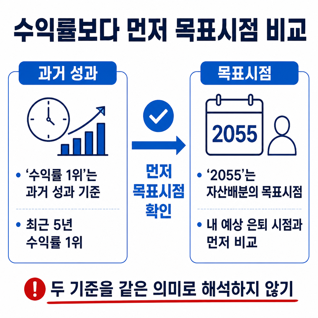 KB온국민TDF2055를 판단할 때 과거 5년 수익률 순위와 예상 은퇴 시점인 2055년의 일치 여부를 구분해 비교하는 안내 카드