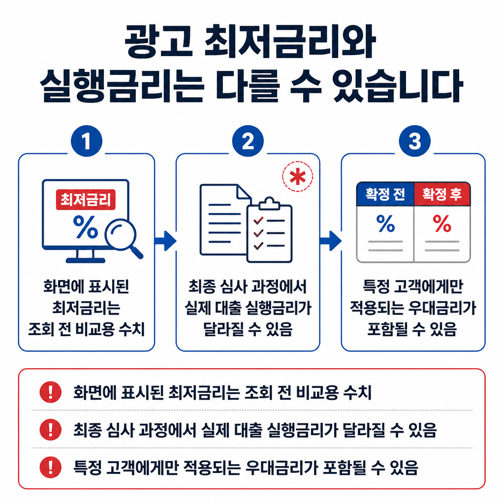 광고 화면의 최저금리는 개인별 조회와 금융사 최종 심사를 거쳐 실제 실행금리로 확인해야 한다는 절차도