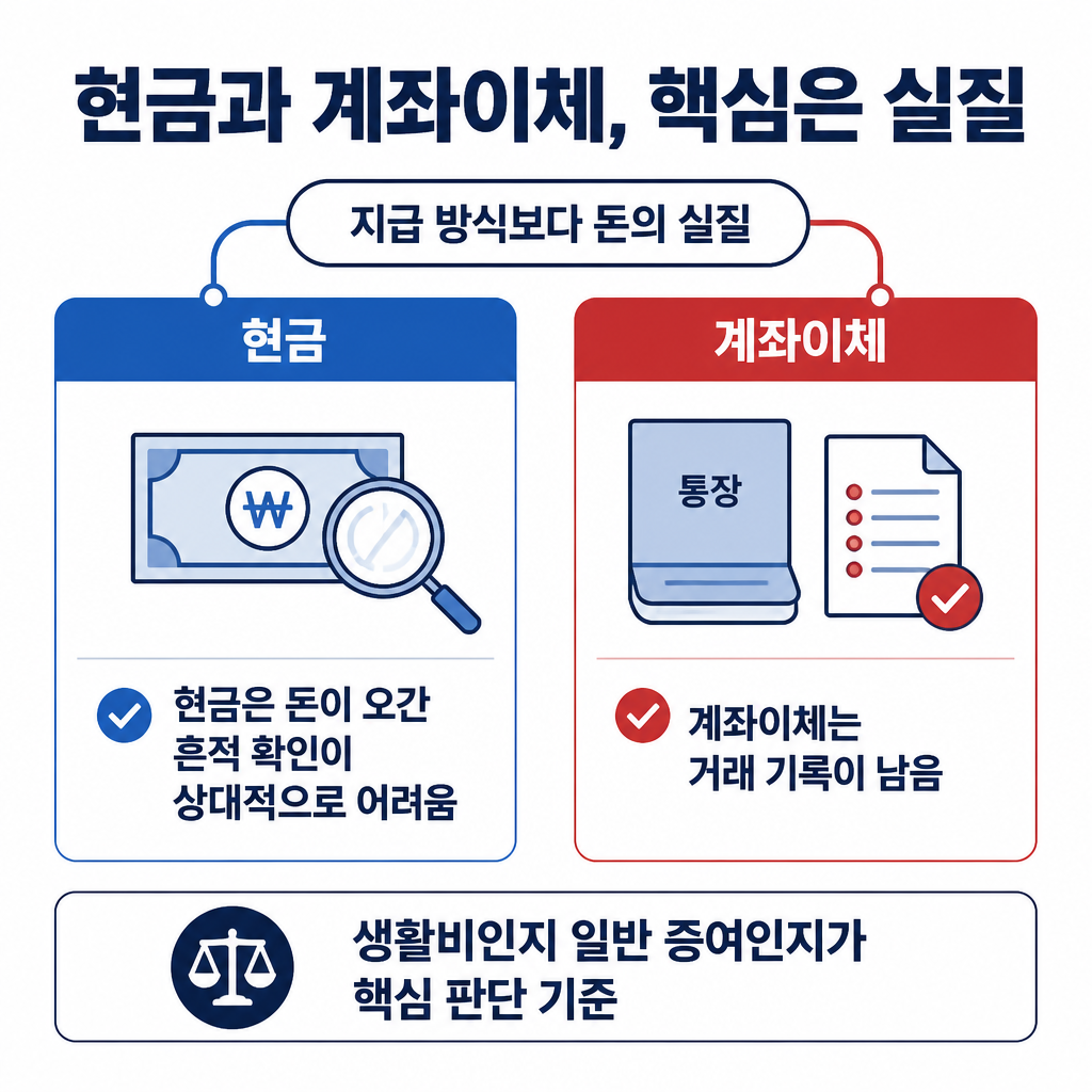 현금과 계좌이체는 기록 여부에 차이가 있지만 증여세 판단의 핵심은 지급 방식이 아니라 돈의 실질이라는 비교 이미지