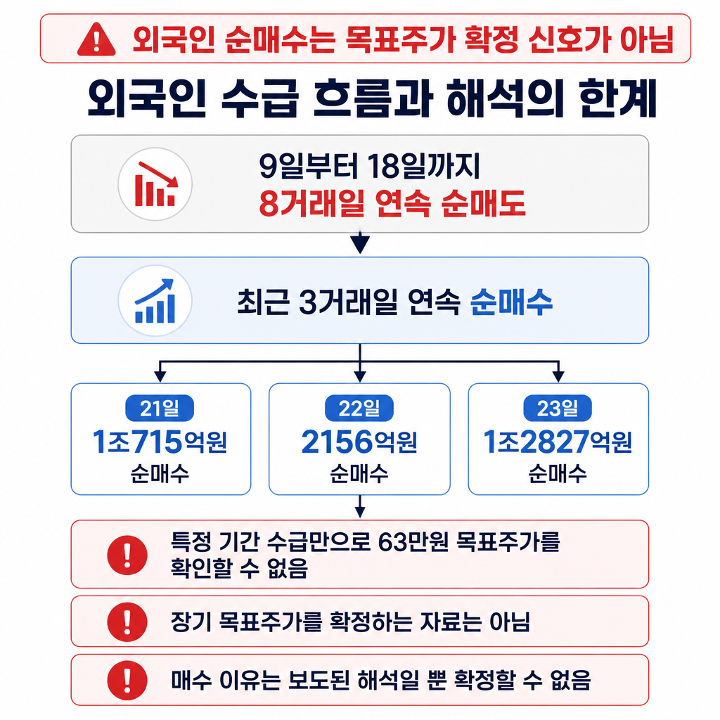 외국인의 8거래일 연속 순매도 뒤 최근 3거래일 순매수 흐름과 날짜별 순매수 금액, 목표주가와의 해석상 한계를 보여주는 타임라인입니다.
