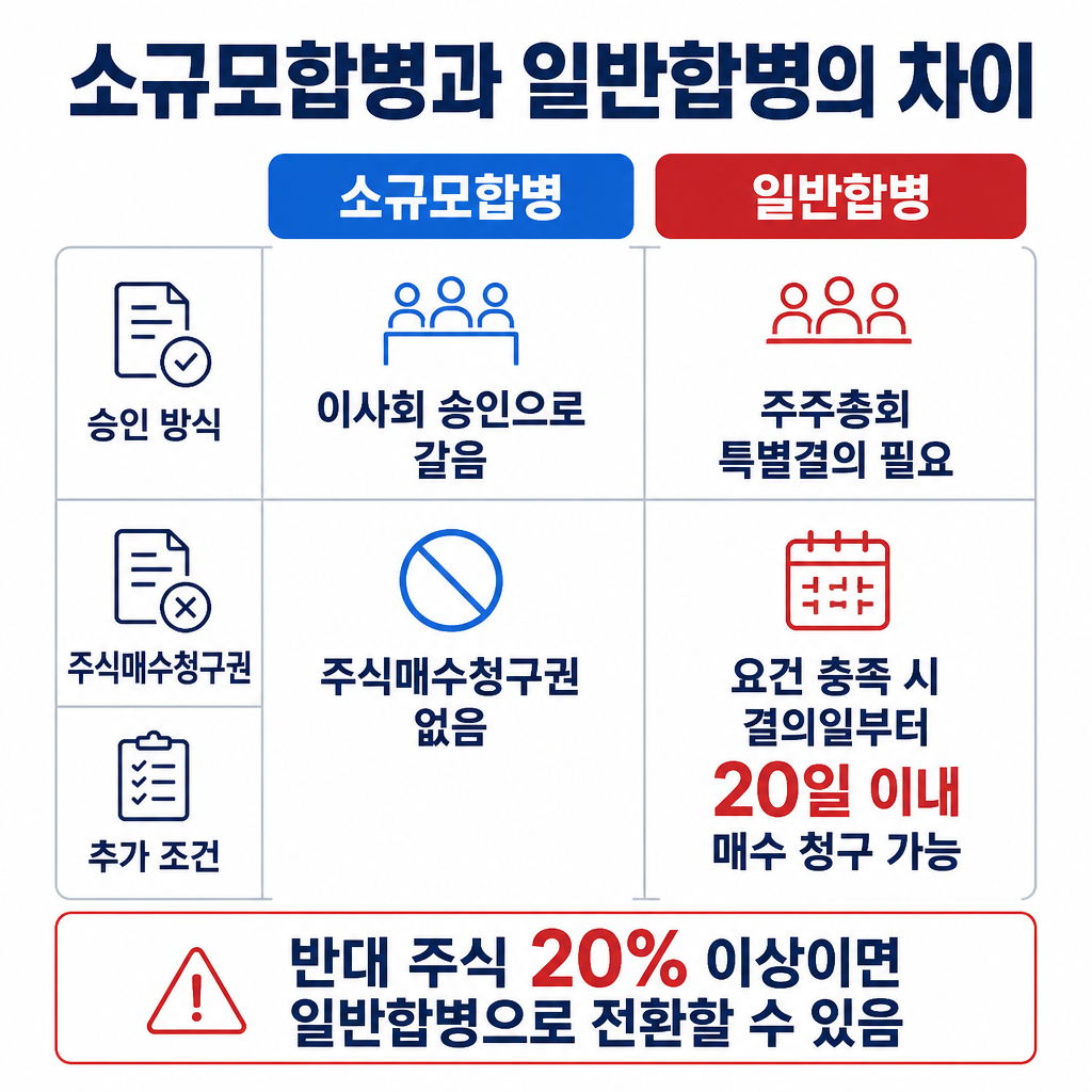 소규모합병과 일반합병의 승인 방식, 주식매수청구권, 관련 조건을 비교한 표