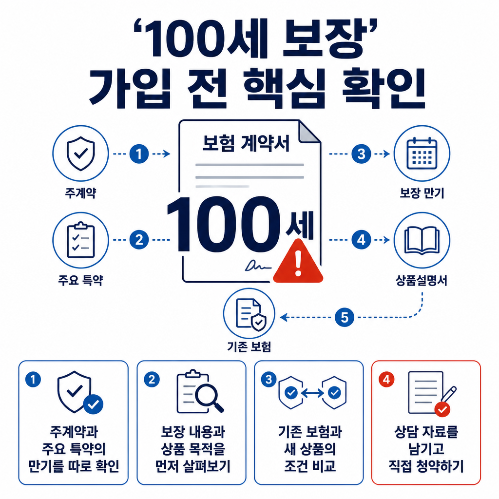 ‘100세 보장’ 문구만 믿지 말고 주계약과 특약의 만기, 보장 내용, 기존 보험을 계약서와 상품설명서로 확인해야 한다는 핵심을 보여주는 요약 인포그래픽