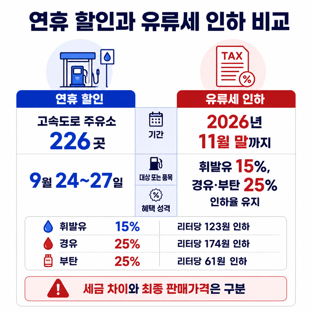 기간과 적용 범위가 다른 연휴 주유소 할인과 유류세 인하를 비교한 표로, 품목별 세금 인하율과 리터당 차이를 함께 보여준다