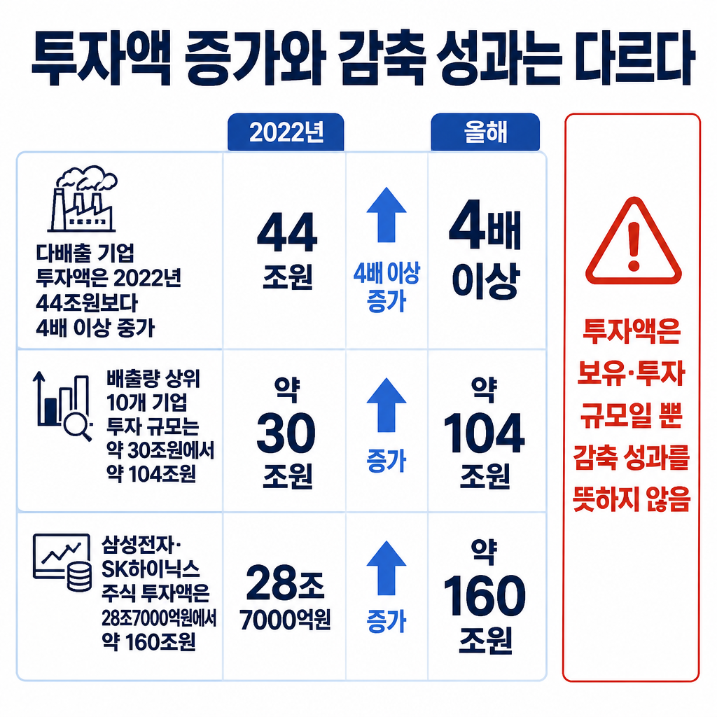 2022년과 올해의 국민연금 투자 규모 증가를 비교하면서 투자액이 온실가스 감축 성과나 감축 목적 투자액을 뜻하지 않음을 설명하는 이미지