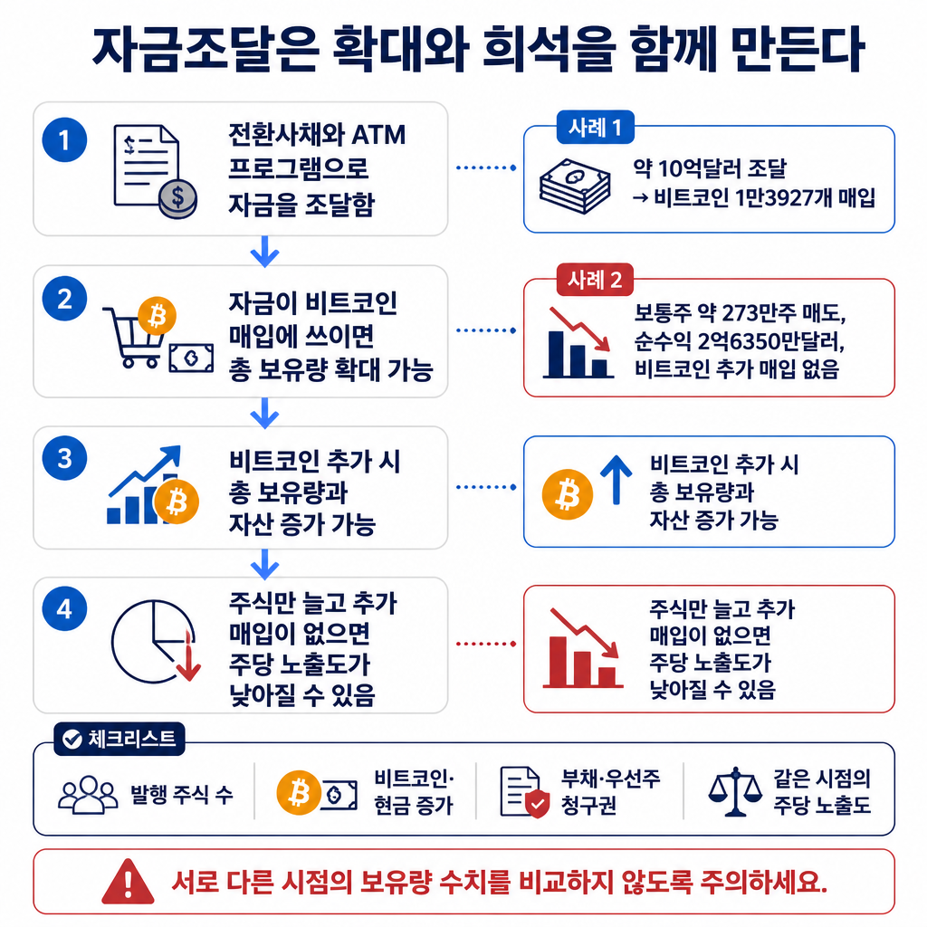 스트래티지의 자금조달부터 비트코인 매입과 주당 노출도 변화까지 이어지는 과정을 보여주는 흐름도