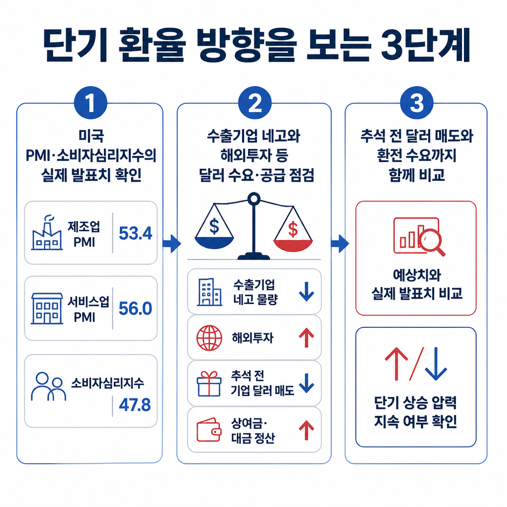 단기 원·달러 환율 방향을 미국 경제지표와 국내 달러 수급으로 나누어 확인하는 3단계 순서도