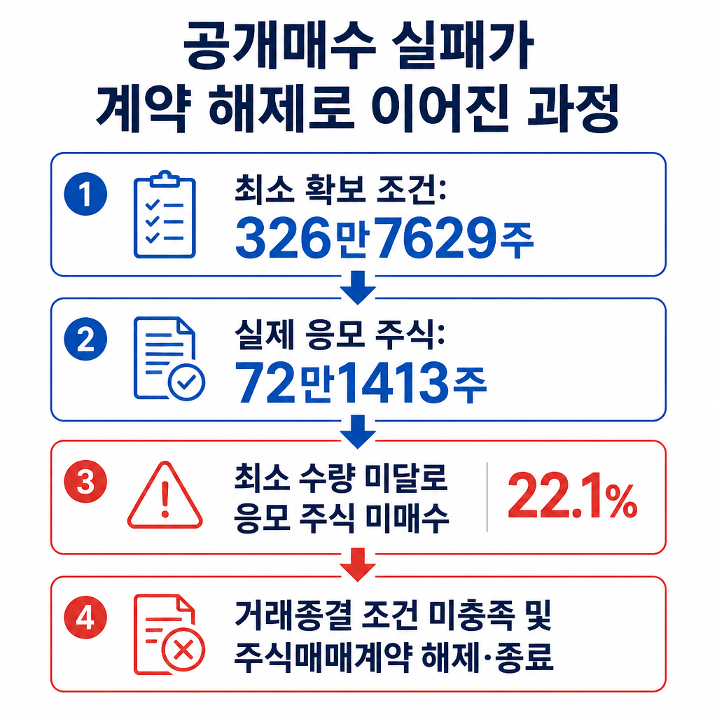 가비아 공개매수에서 최소 326만7629주 조건과 실제 응모 72만1413주를 비교하고, 조건 미충족으로 계약이 해제된 과정을 보여주는 흐름도