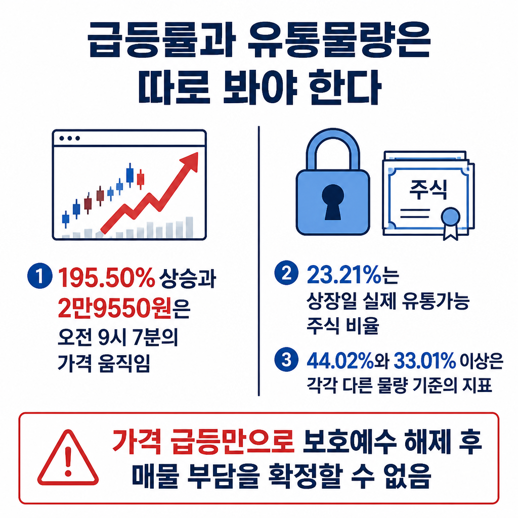 상장 첫날 주가 상승률과 유통물량 관련 지표를 별개의 정보로 구분해 해석하는 비교 인포그래픽